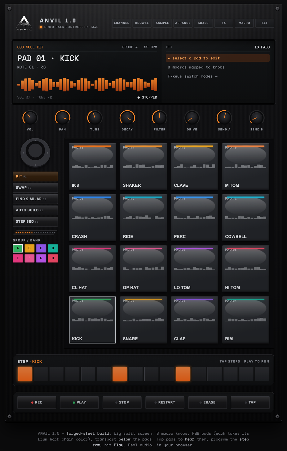 The Anvil Max for Live device with velocity pads, knobs and step sequencer mapped to an Ableton Drum Rack
