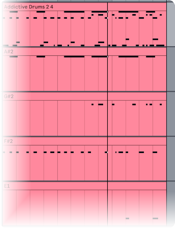 Ableton arrangement showing drum MIDI split onto separate tracks by pitch with SplitKit